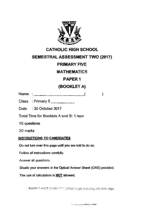First page preview of P5 Math 2017 SA2 — Catholic High