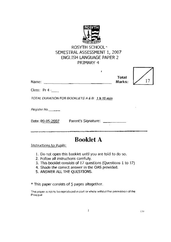 Rosyth P4 Eng WA2 2007 exam paper PDF preview