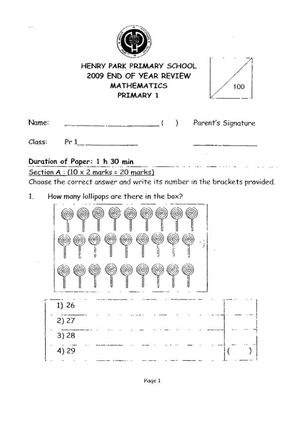 Henry Park P1 Math SA2 2009 exam paper PDF preview