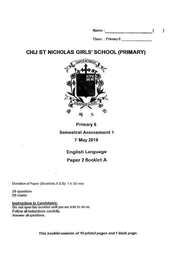 CHIJ P6 Eng WA2 2018 exam paper PDF preview