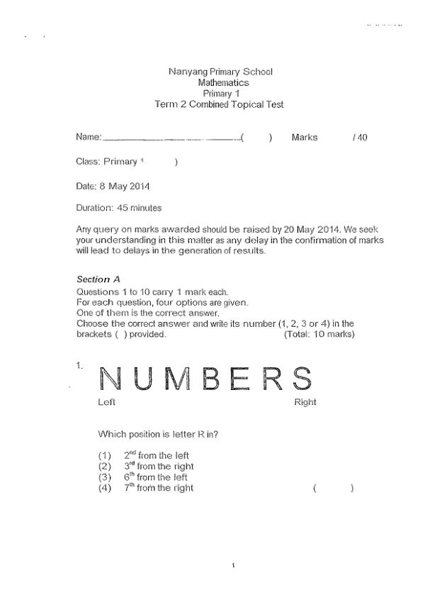 First page preview of P1 Math 2014 WA2 — Nanyang