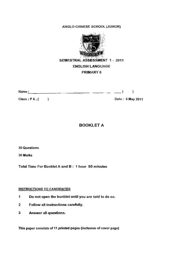 Anglo Chinese P6 Eng WA2 2011 exam paper PDF preview