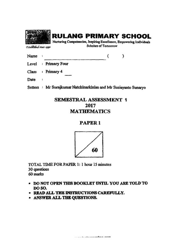 First page preview of P4 Math 2017 WA2 — Rulang