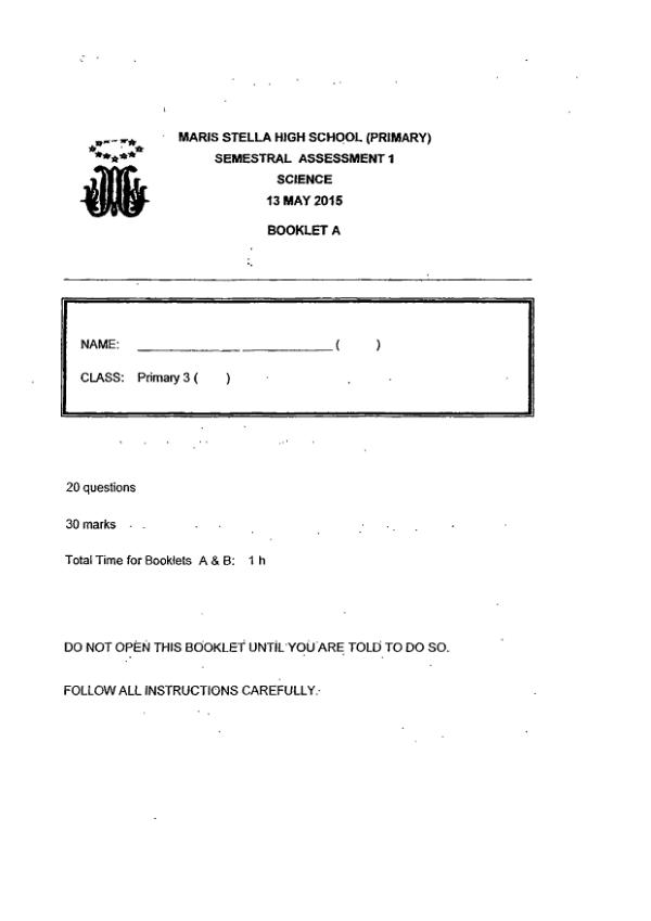 Maris Stella High P3 Sci WA2 2015 exam paper PDF first page preview