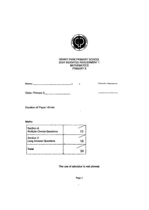 First page preview of P5 Math 2024 WA1 — Henry Park