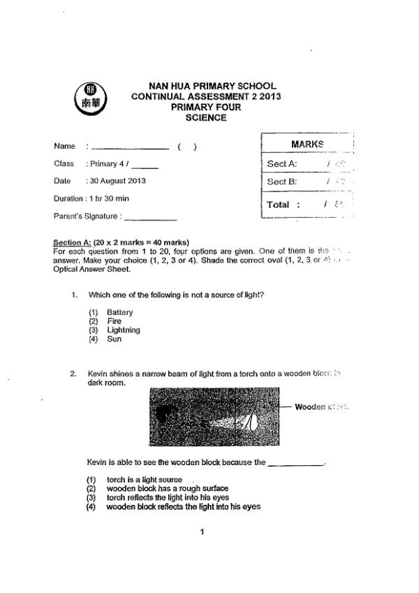 Nan Hua P4 Sci WA3 2013 exam paper PDF preview