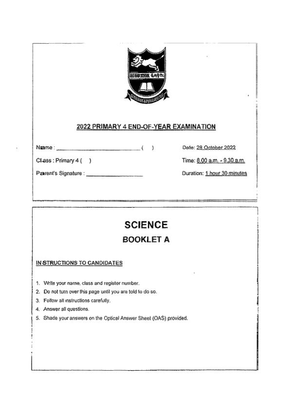 Tao Nan P4 Sci SA2 2022 exam paper PDF preview