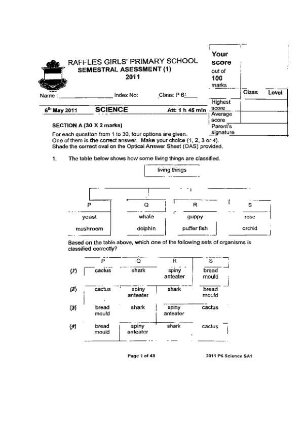 Raffles Girls P6 Sci WA2 2011 exam paper PDF first page preview