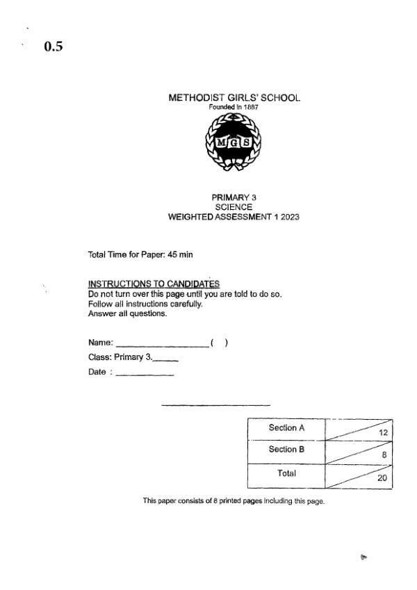 Methodist Girls P3 Sci WA1 2023 exam paper PDF first page preview