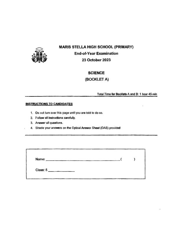 Maris Stella High P5 Sci SA2 2023 exam paper PDF preview