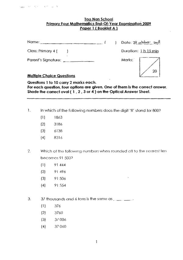 Tao Nan P4 Math SA2 2009 exam paper PDF preview