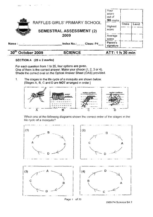 Raffles Girls P4 Sci SA2 2009 exam paper PDF first page preview