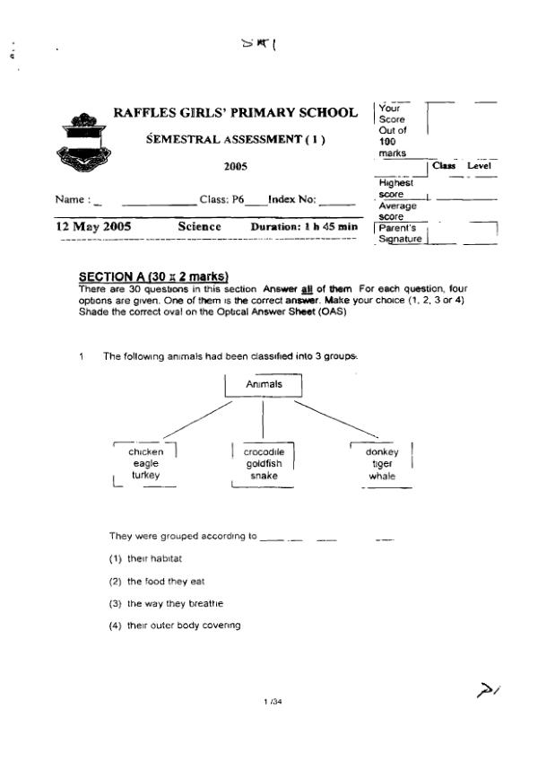 Raffles Girls P6 Sci WA2 2005 exam paper PDF preview
