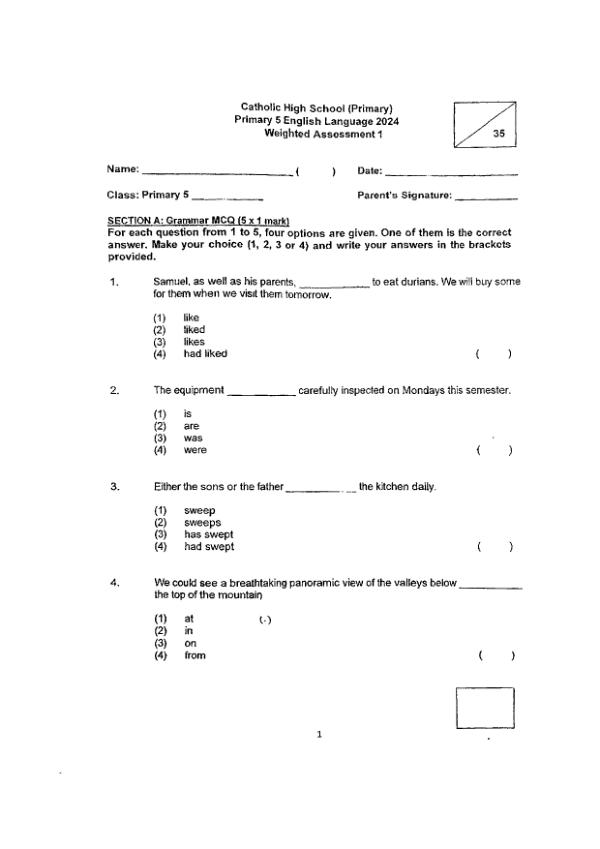 First page preview of P5 Eng 2024 WA1 — Catholic High