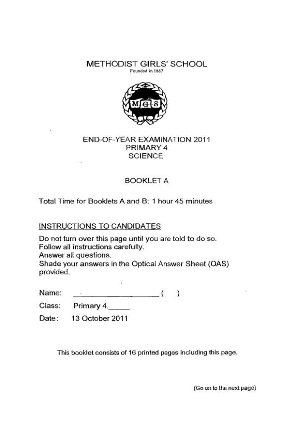 Methodist Girls P4 Sci SA2 2011 exam paper PDF preview