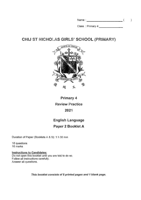 CHIJ P4 Eng SA2 2021 exam paper PDF first page preview
