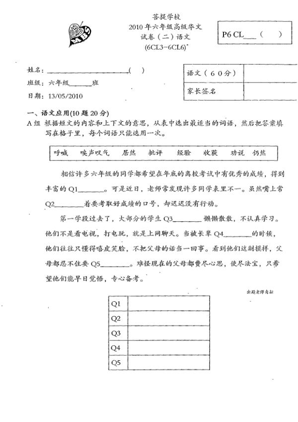 Maha Bodhi P6 Chi WA2 2010 exam paper PDF preview