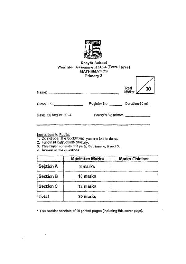 First page preview of P3 Math 2024 WA3 — Rosyth