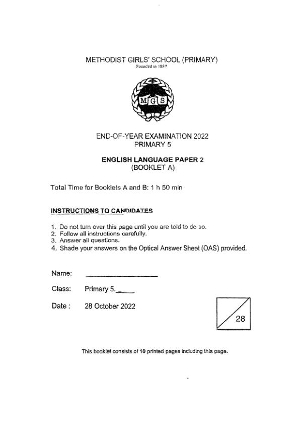 Methodist Girls P5 Eng SA2 2022 exam paper PDF preview