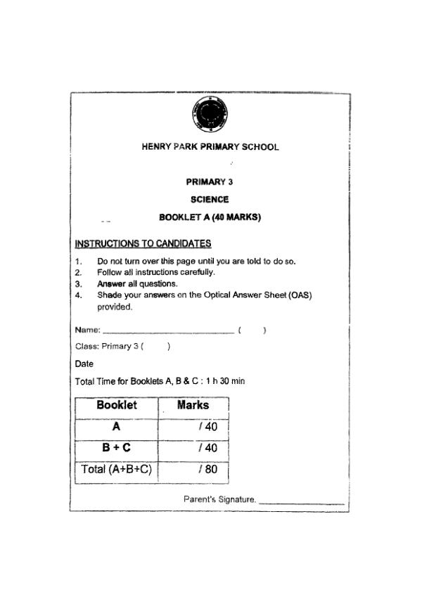 Henry Park P3 Sci SA2 2022 exam paper PDF first page preview