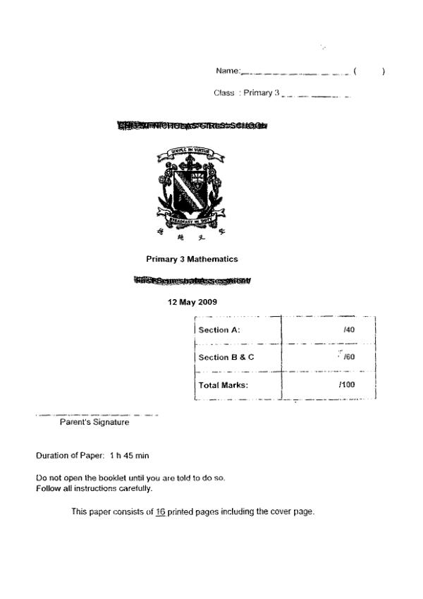 CHIJ P3 Math WA2 2009 exam paper PDF first page preview