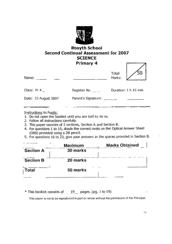 Rosyth P4 Sci WA3 2007 exam paper PDF preview