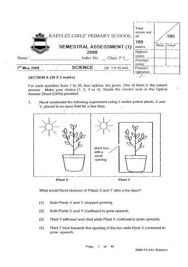 Raffles Girls P5 Sci WA2 2008 exam paper PDF preview