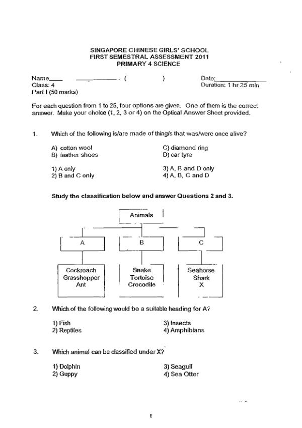 Singapore Chinese Girls P4 Sci WA2 2011 exam paper PDF preview