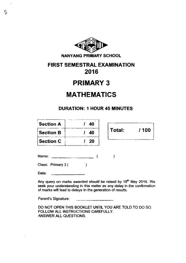 First page preview of P3 Math 2016 WA2 — Nanyang