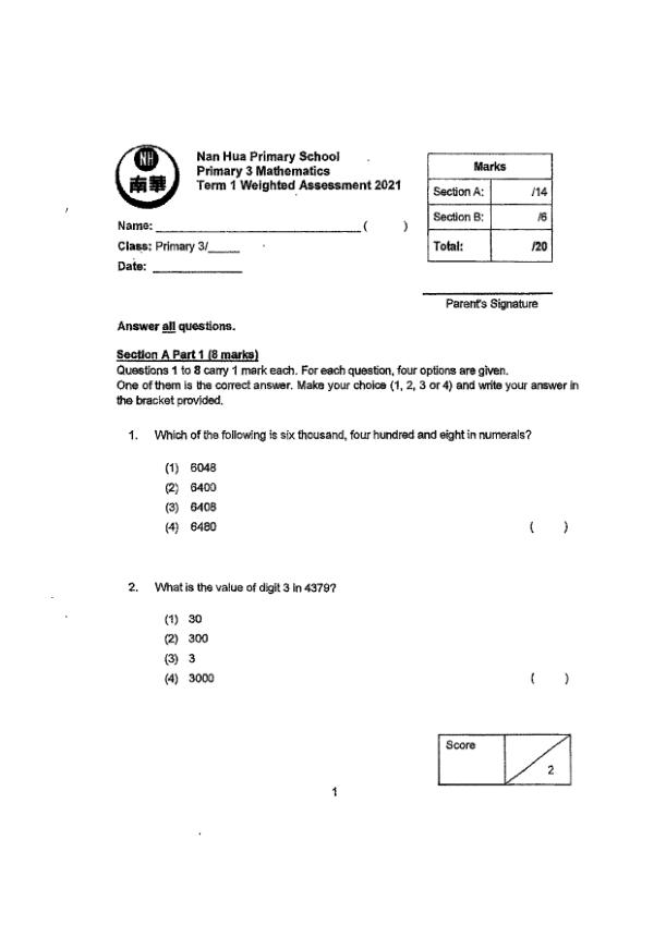 First page preview of P3 Math 2021 WA1 — Nan Hua