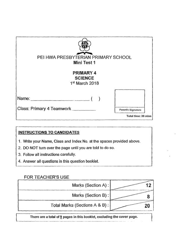 Pei Hwa P4 Sci WA1 2018 exam paper PDF first page preview