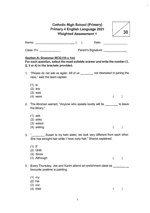 Catholic High P4 Eng WA1 2021 exam paper PDF preview