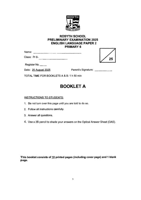 Rosyth P6 Eng SA2 2025 exam paper PDF preview