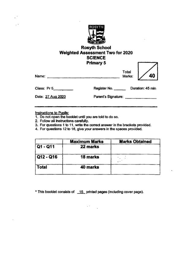 Rosyth P5 Sci WA3 2020 exam paper PDF preview