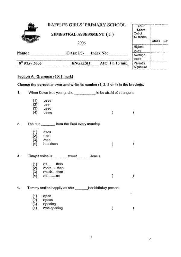 Raffles Girls P3 Eng WA2 2006 exam paper PDF first page preview