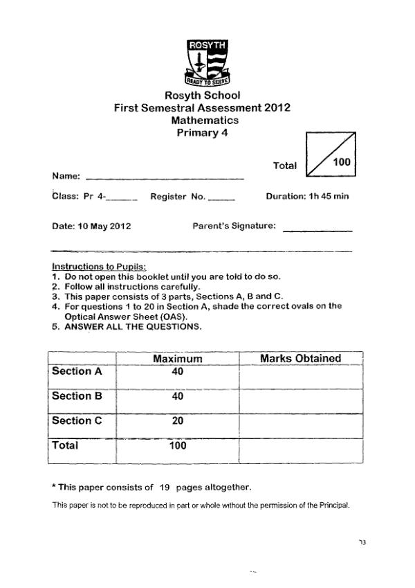 Rosyth P4 Math WA2 2012 exam paper PDF preview