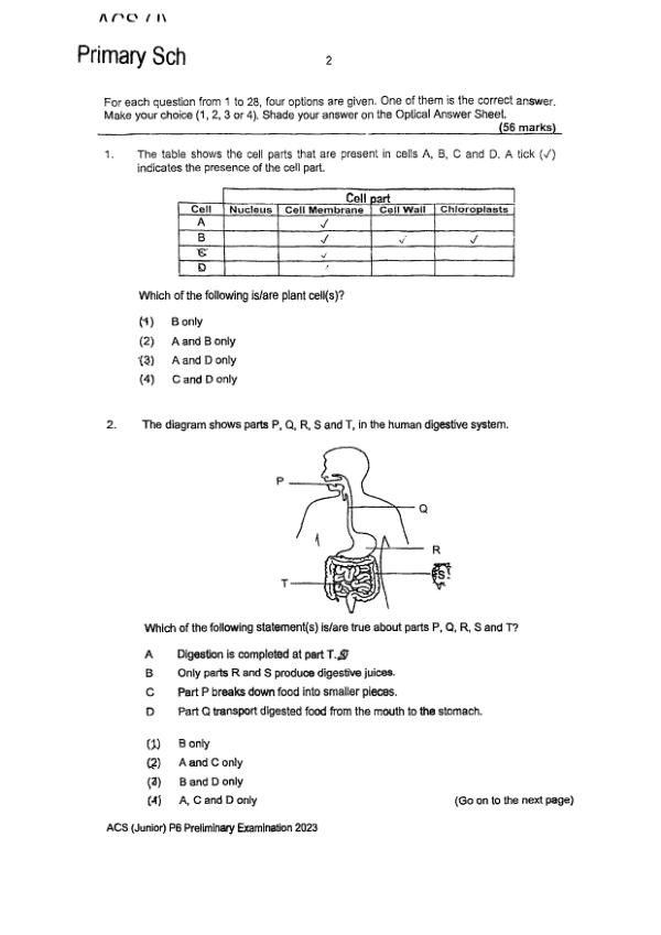 First page preview of P6 Sci 2023 SA2 — Anglo Chinese