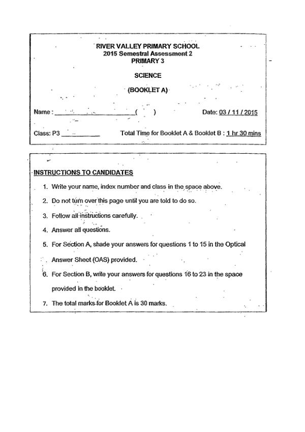 River Valley P3 Sci SA2 2015 exam paper PDF preview
