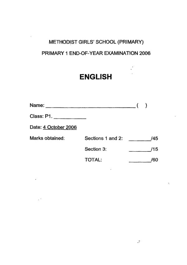 Methodist Girls P1 Eng SA2 2006 exam paper PDF first page preview
