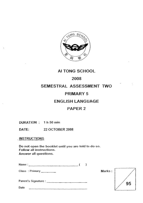 Ai Tong P5 Eng SA2 2008 exam paper PDF preview