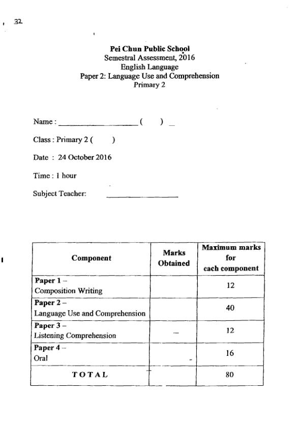 Pei Chun P2 Eng SA2 2016 exam paper PDF preview