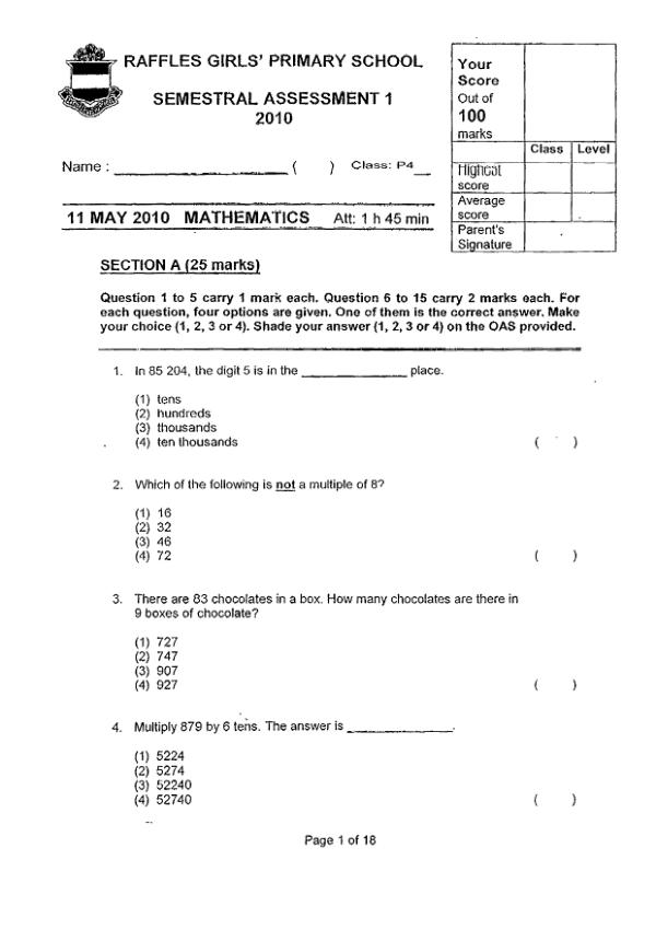 Raffles Girls P4 Math WA2 2010 exam paper PDF first page preview