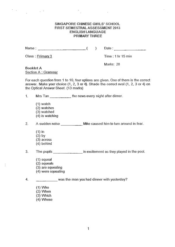 Singapore Chinese Girls P3 Eng WA2 2013 exam paper PDF first page preview
