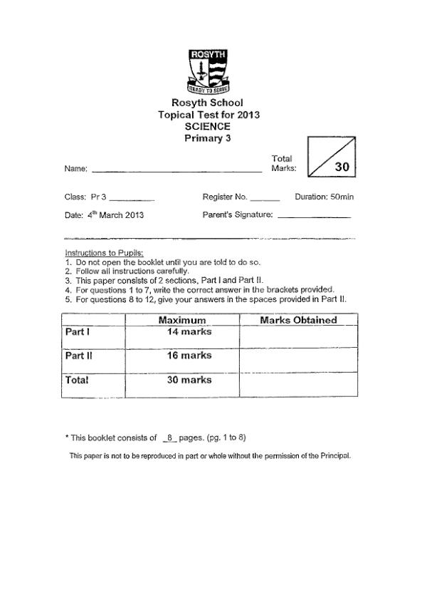 Rosyth P3 Sci WA1 2013 exam paper PDF preview