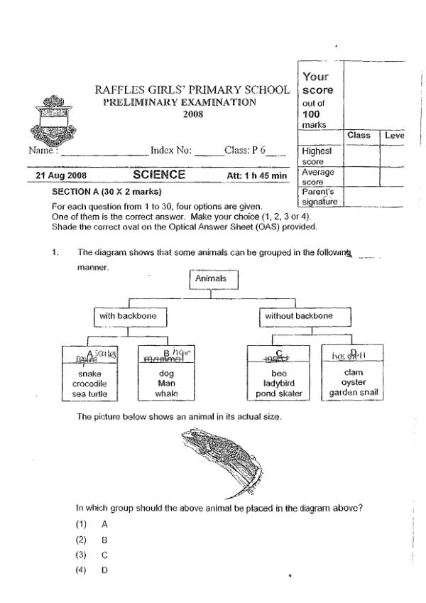Raffles Girls P6 Sci SA2 2008 exam paper PDF preview