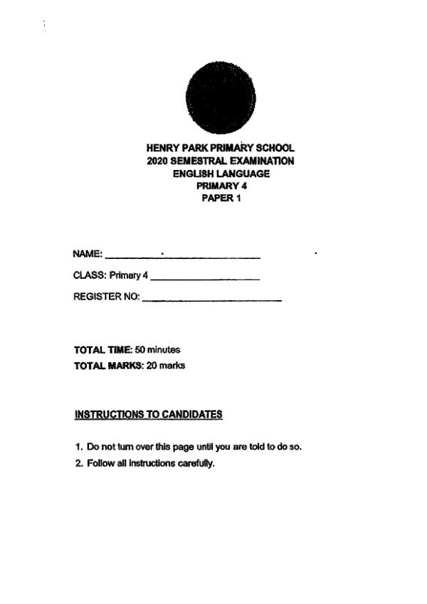 Henry Park P4 Eng SA2 2020 exam paper PDF first page preview