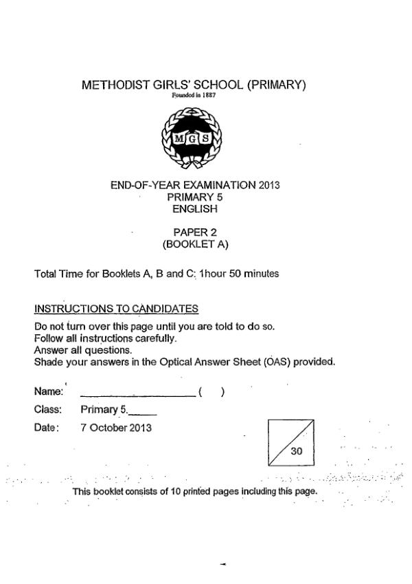 Methodist Girls P5 Eng SA2 2013 exam paper PDF preview