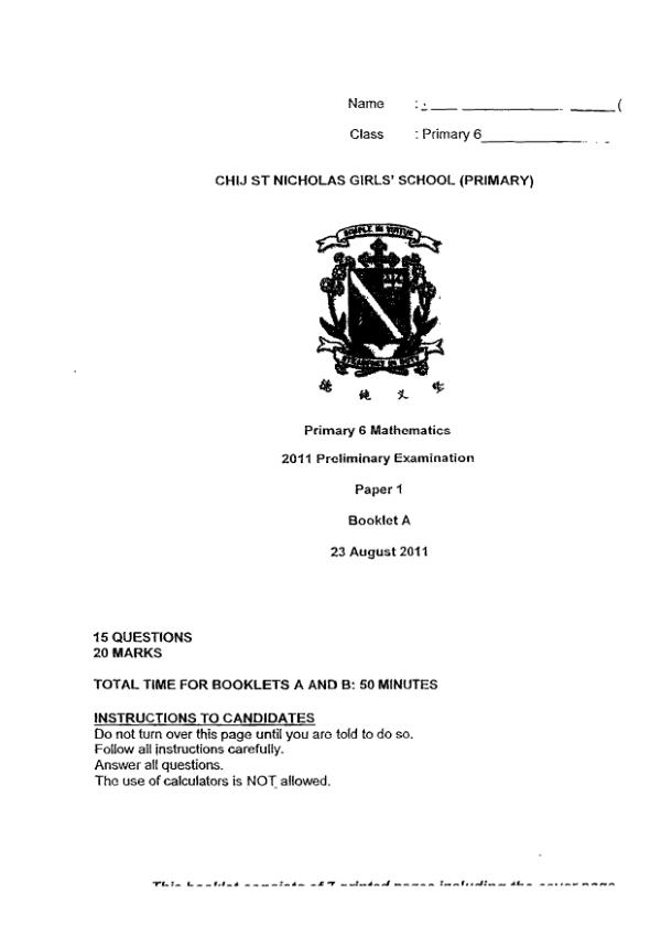 CHIJ P6 Math SA2 2011 exam paper PDF preview