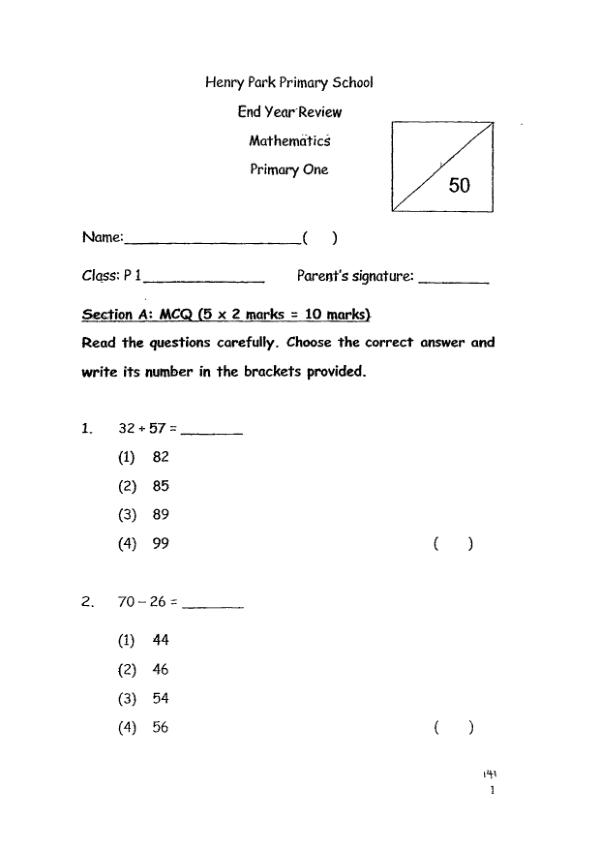 Henry Park P1 Math SA2 2012 exam paper PDF first page preview