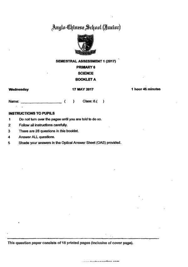 Anglo Chinese P6 Sci WA2 2017 exam paper PDF preview